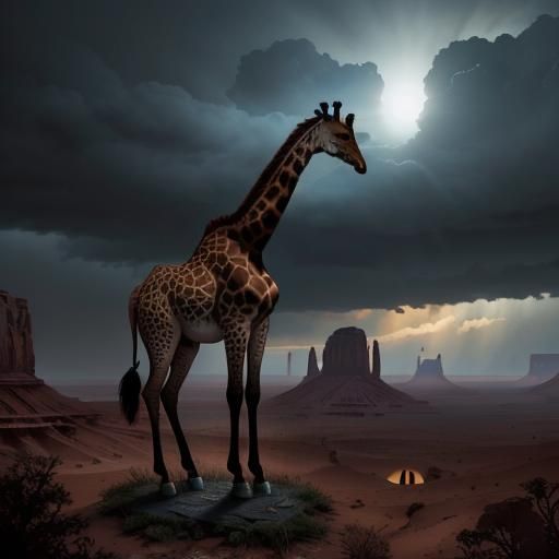 Giraffe Rides Bicycle in Monument Valley Storm