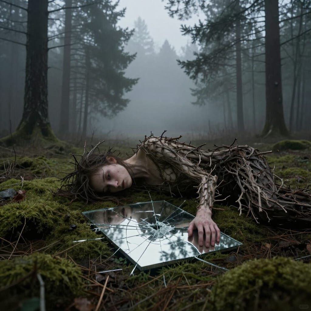 Surreal Figure Reflection in Cracked Mirror Amidst Foggy For...