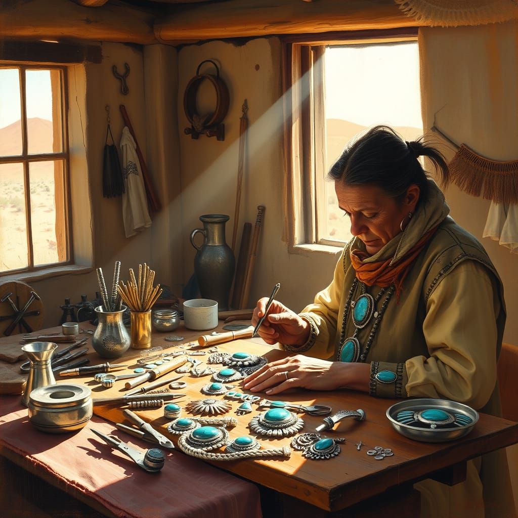 Navajo Silversmith at Work in Desert Workshop