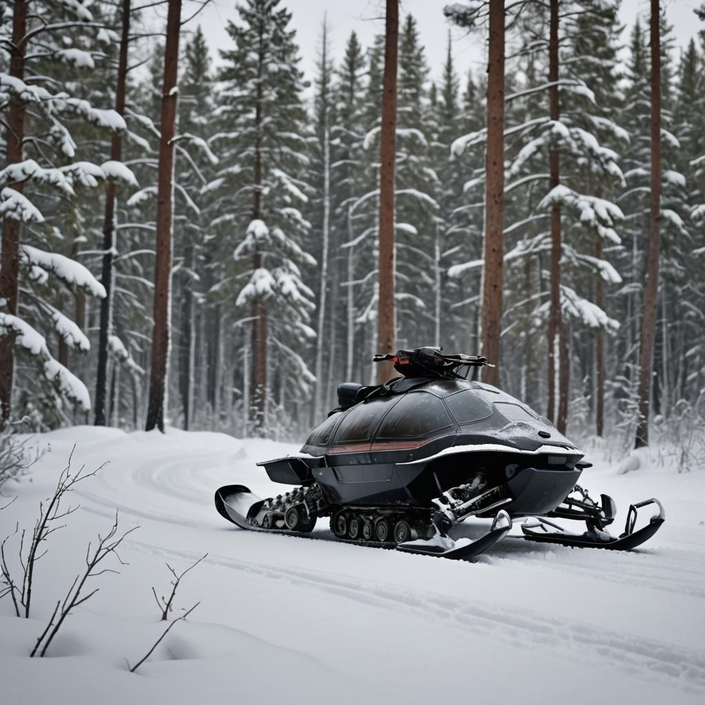 Turtle on Snowmobile in Taiga: Hyperrealistic Photography