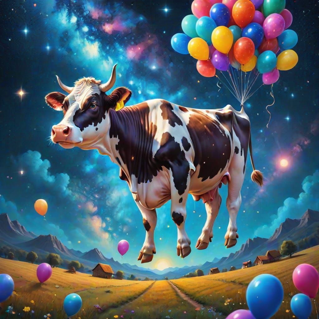 Surreal Cow Ascends to Galaxy in Dreamlike Painting