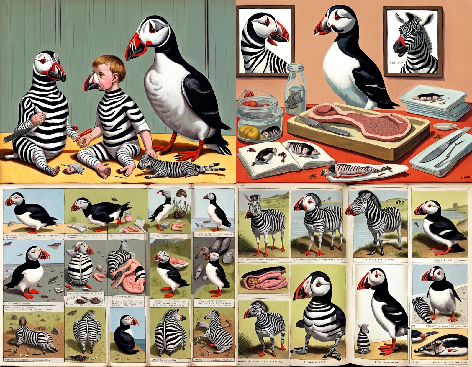 Horrific Puffin Zebra Hybrid in Ladybird Style