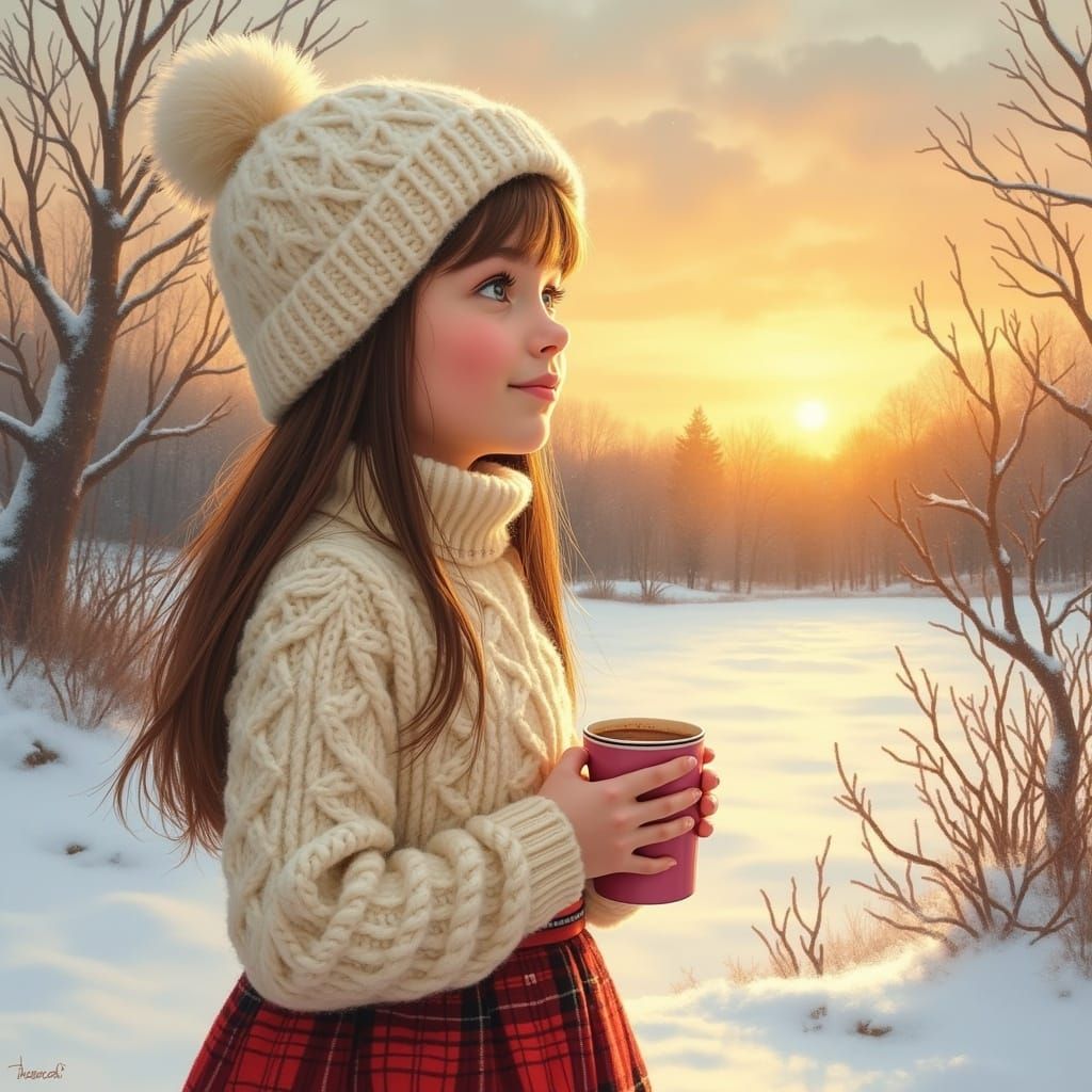 Cozy Morning Moment with Young Girl Watching Sunrise