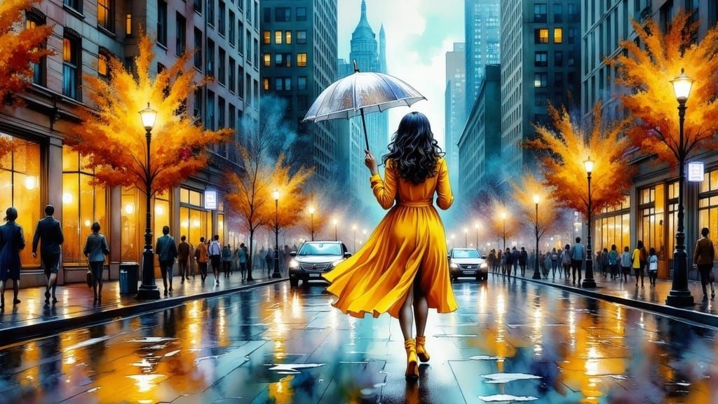 Confident Young Woman Walks Through Rainy City Streets in Ex...