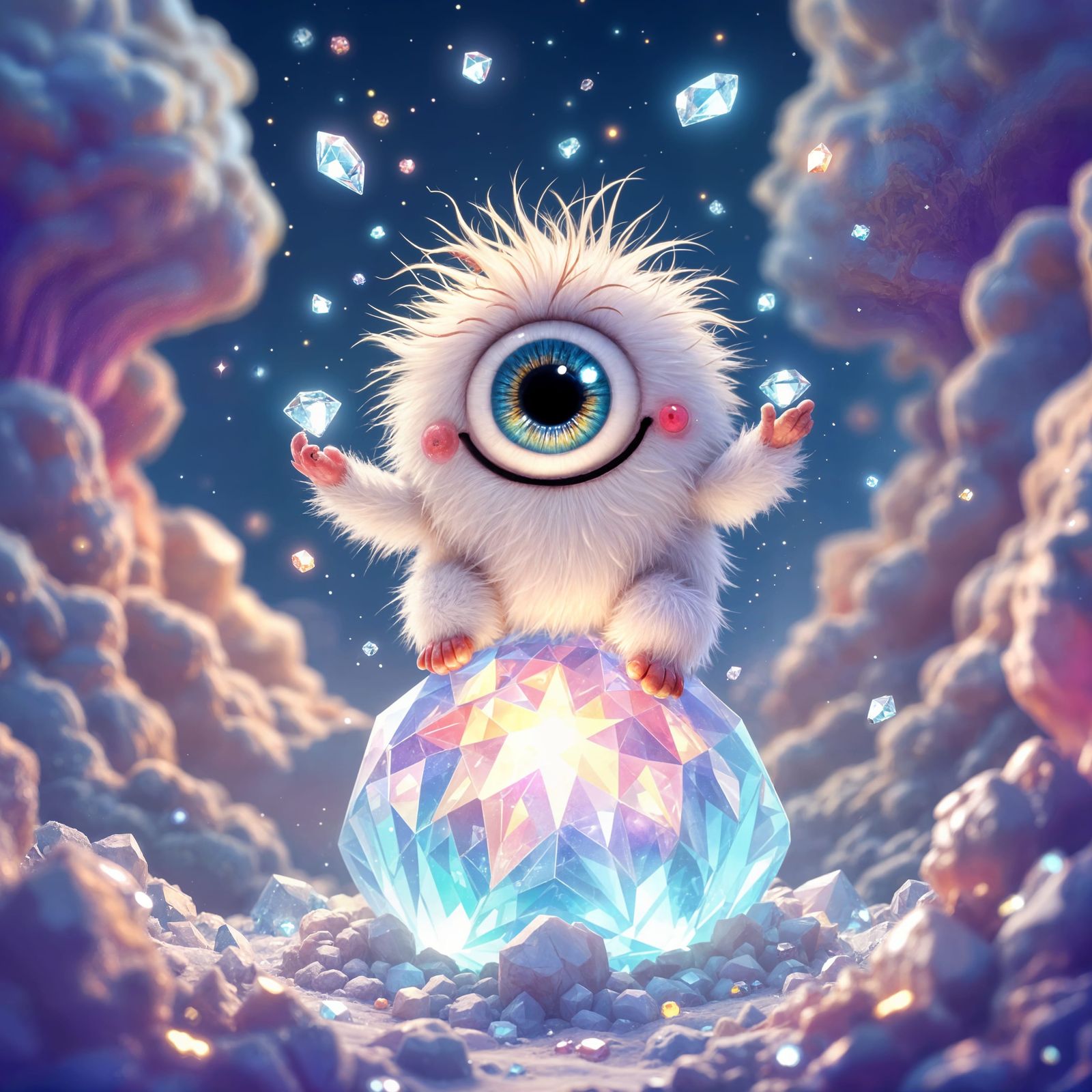 Eyeball Monster Juggling Diamonds in Fantasy World