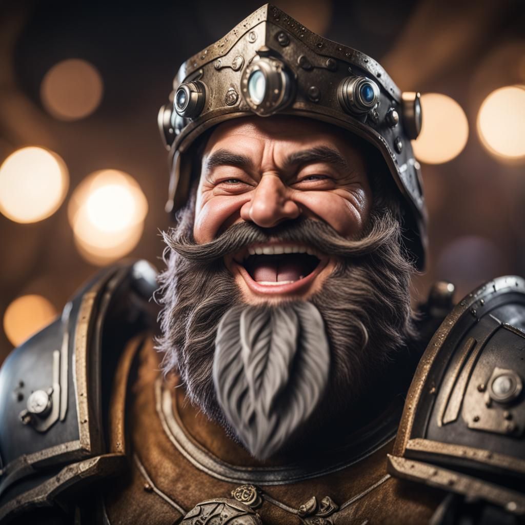 Laughing Dwarf Paladin in Spaceship, Photorealistic Portrait