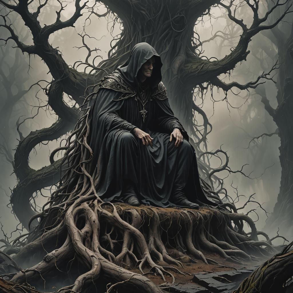 Mysterious Figure Sits Upon a Throne of Twisted Roots in Dar...