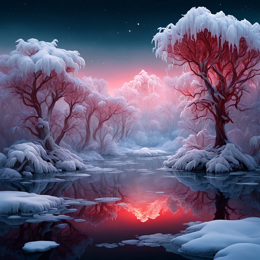 Crimson Lotus on Frozen Pond in Enchanted Winter Forest