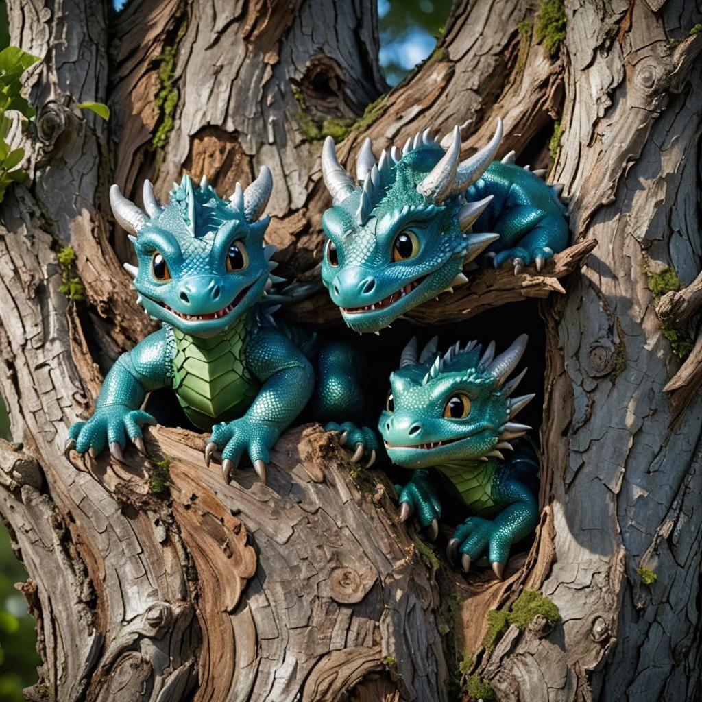 Friendly Dragons Playing Peek-A-Boo in a Tree