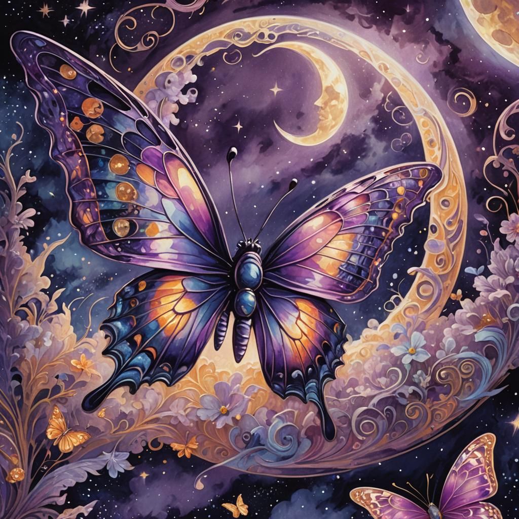 Purple Butterfly Fluttering Against Full Moon