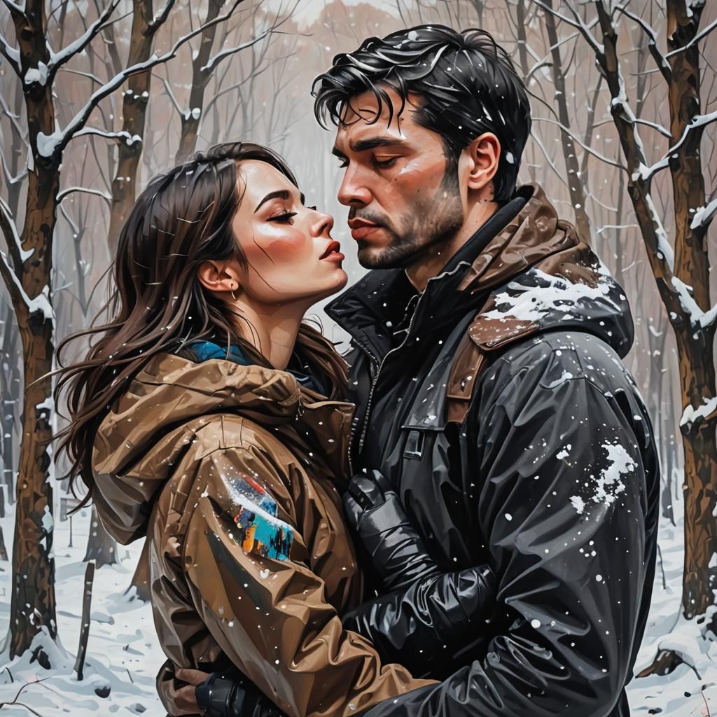 Romantic Kiss in Snowy Woods: Graffiti Art Style