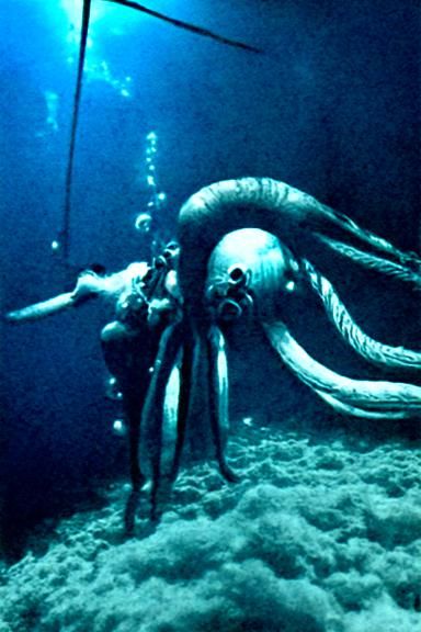 Giant Squid Kraken Suspended Underwater in Film Noir