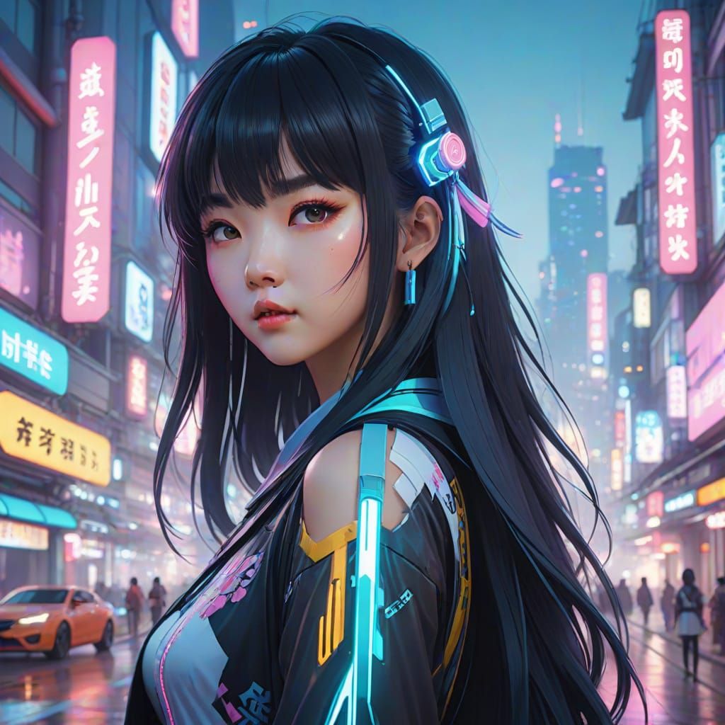 Surreal Anime Woman in Vibrant Neon Cityscape
