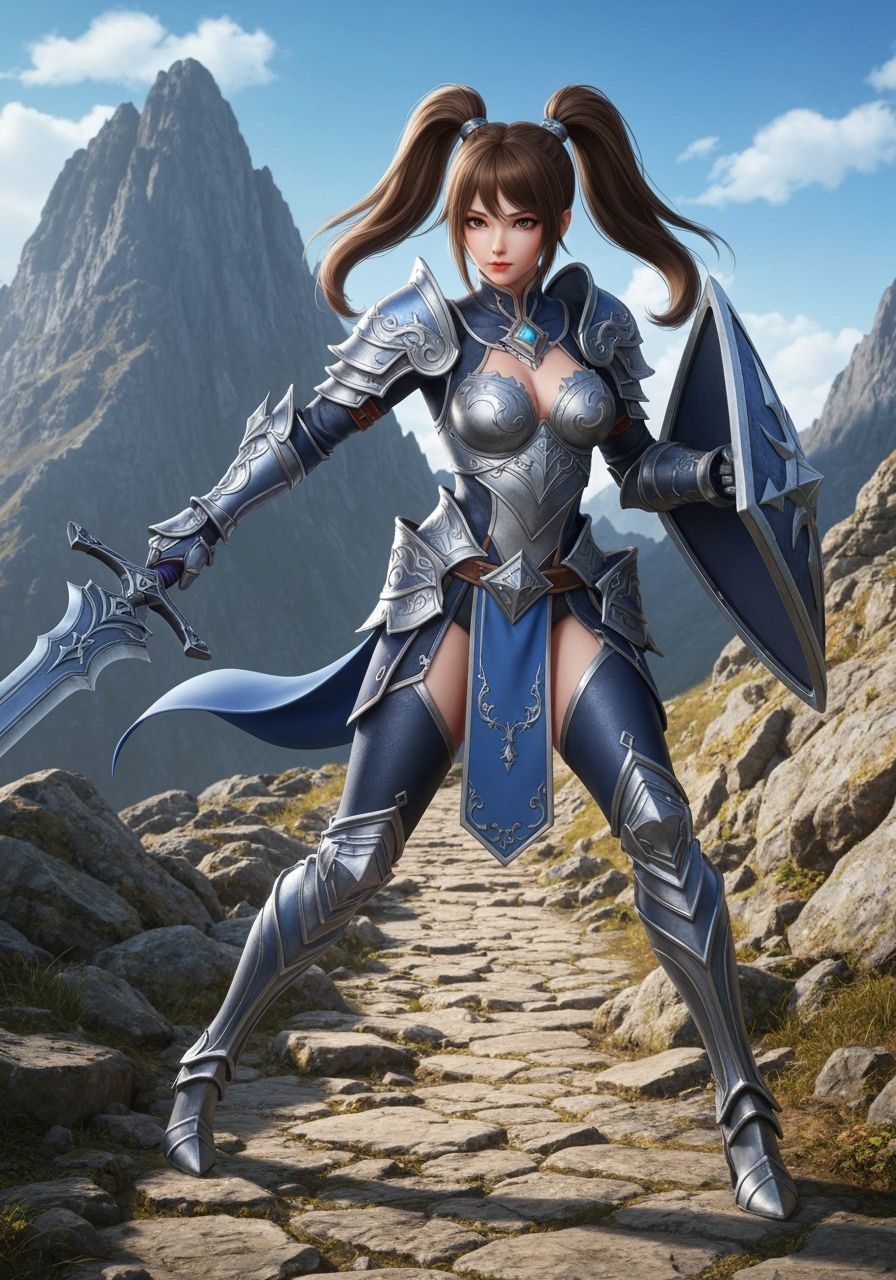 Fantasy Warrior on Mountain Path in 3D Anime Style