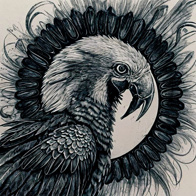 <lora:Cosmos Phantoms:1.0> portrait of a macaw in acrylic ink stippling