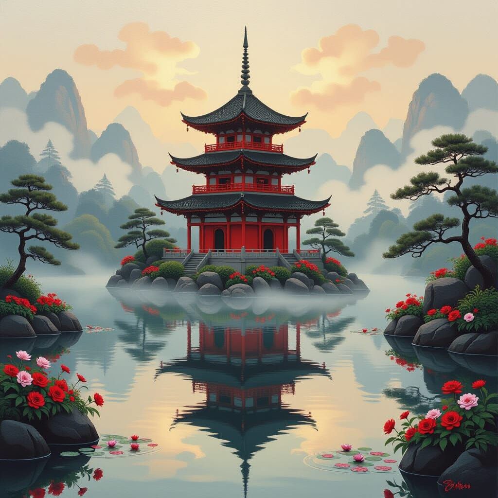 Vibrant Pagoda in Fog as Impasto Painting