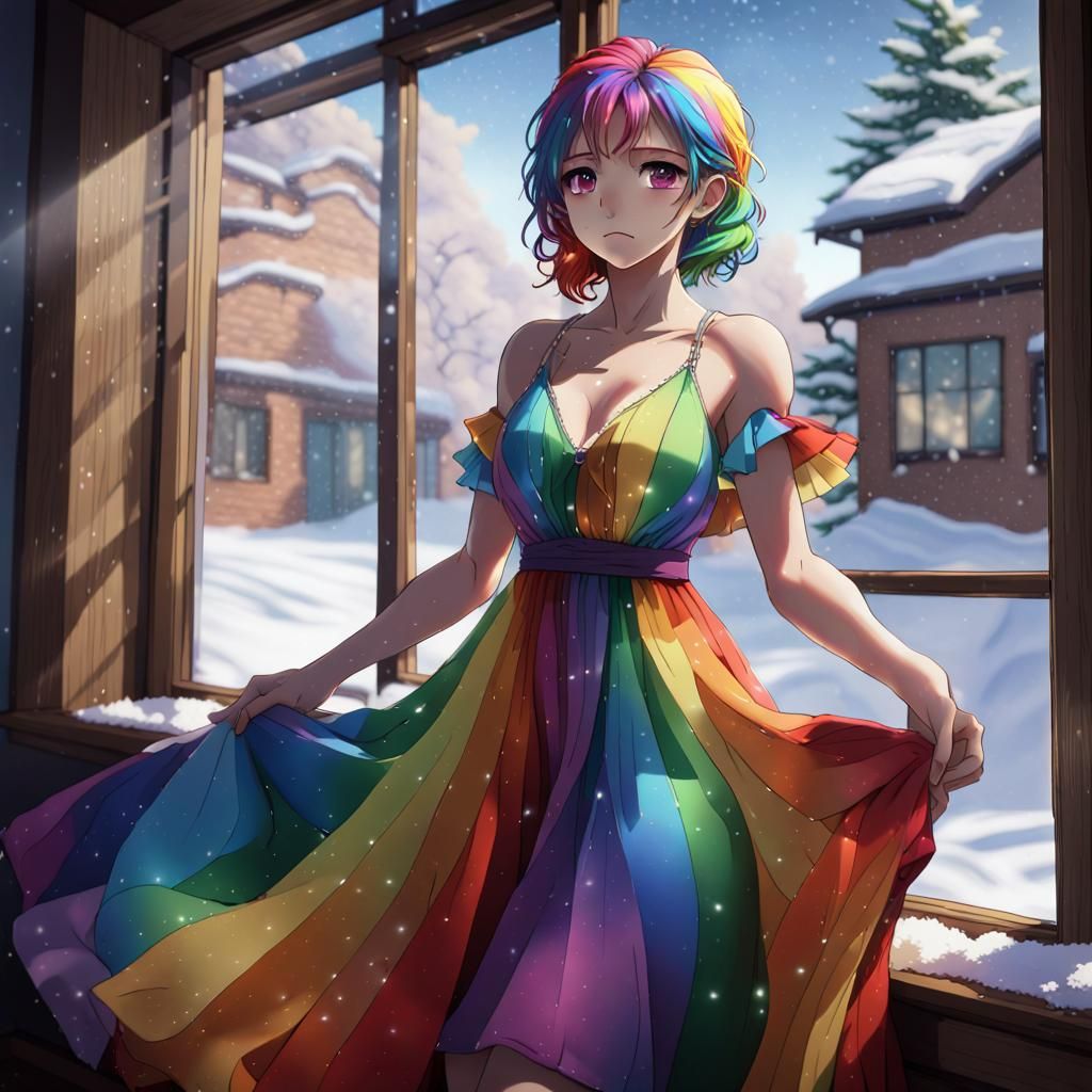 Anime Portrait of Woman in Rainbow Dress by Window