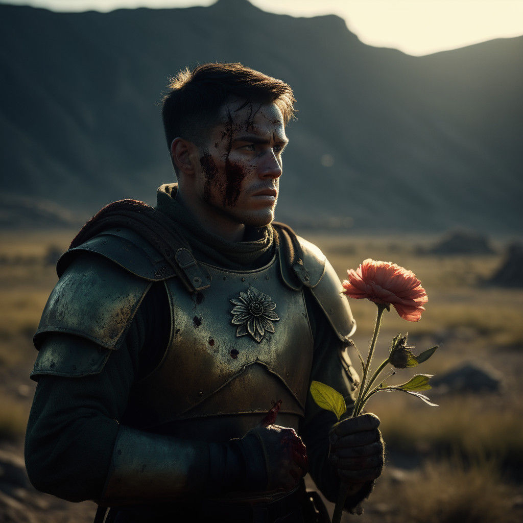 Tortured Warrior Offers Flower in Desolate, Golden-Lit Lands...
