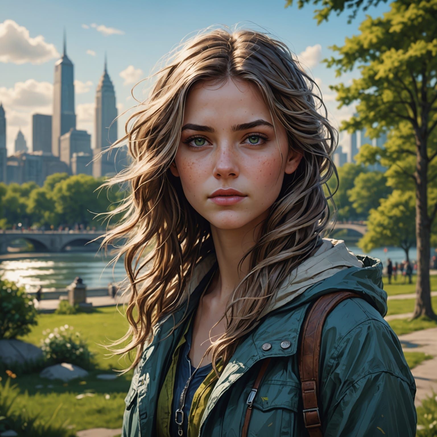 Beautiful Girl Sketch in City Park, Matte Painting