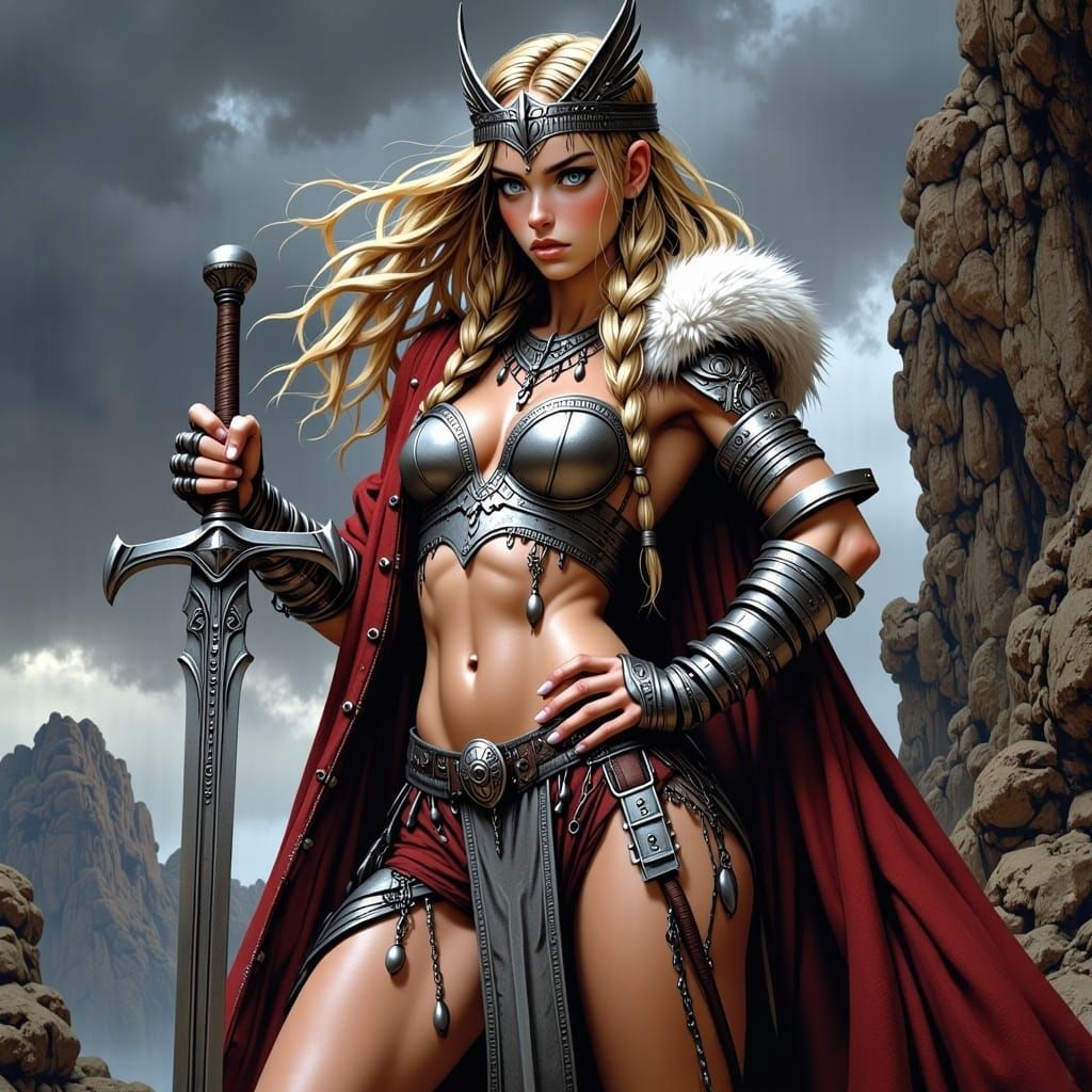 Majestic Warrior Queen with Sword on Cliffside