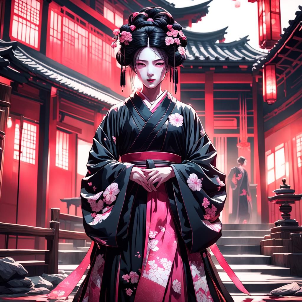 Geisha in Pink and Black Hikizuri at Japanese Temple