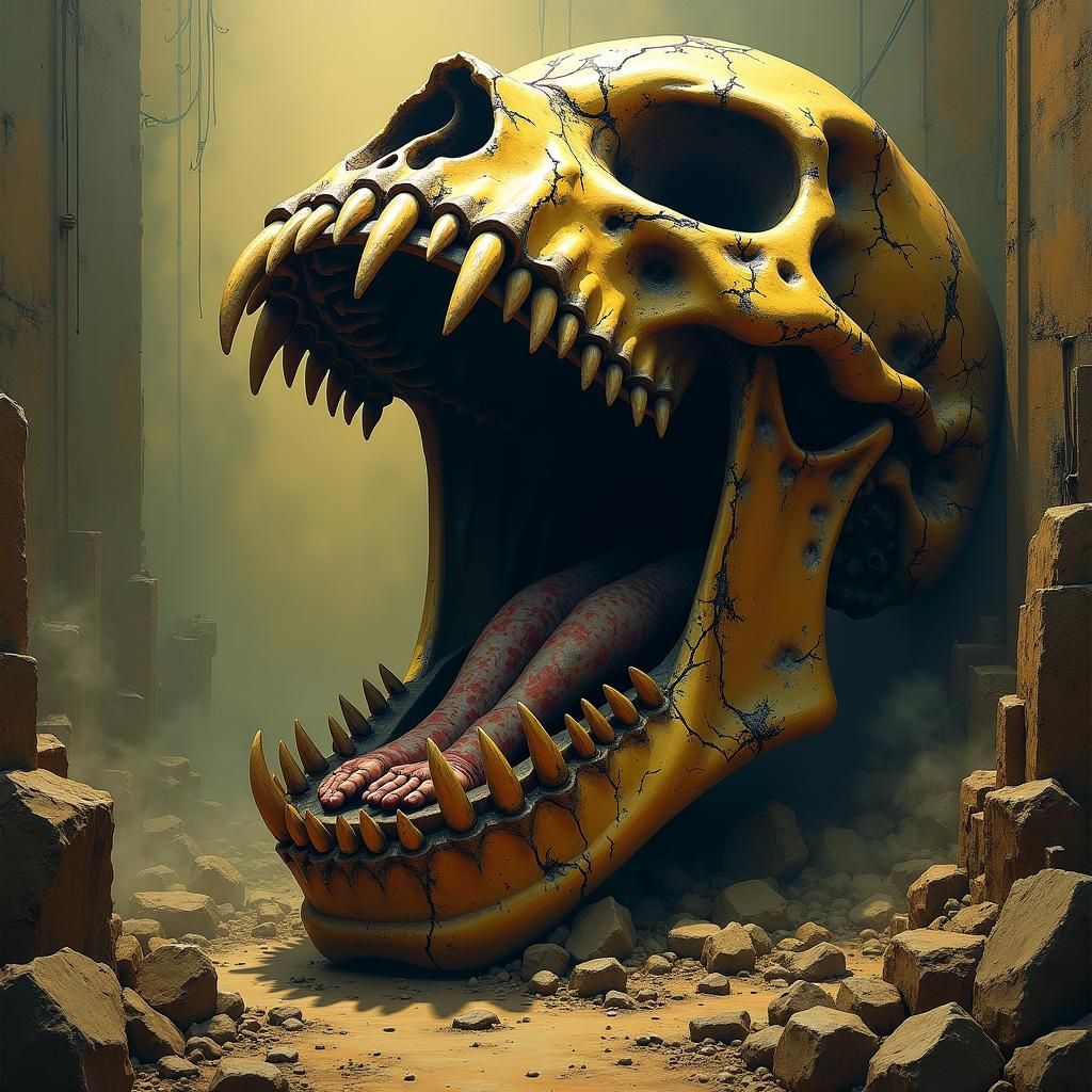 A skeletal maw, wrought from metal and bone, gapes wide, lin...