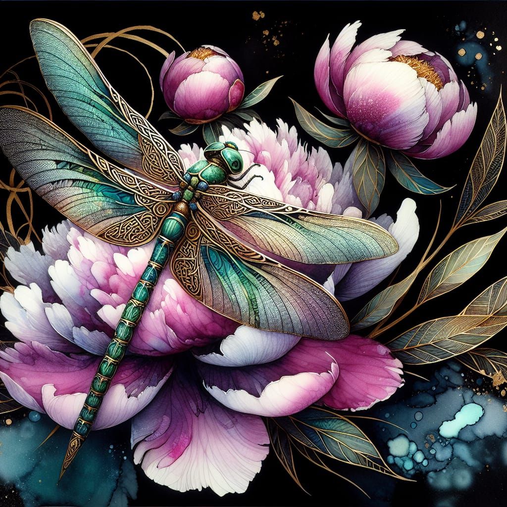Celtic Dragonfly on Peony with Gold Leaf Accents
