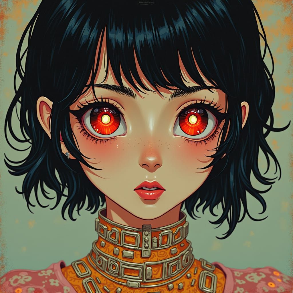 Glitchcore Anime Replicant in Klimt and Expressionist Style