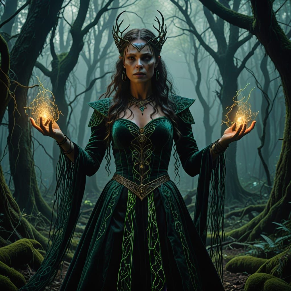 Enchantress Weaving Magic in Dark Fantasy Forest