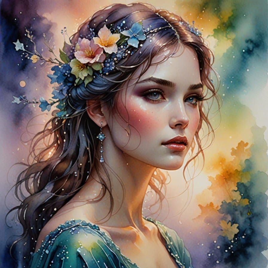 Watercolor alcohol ink, Dewy young woman daphne demure, portrait