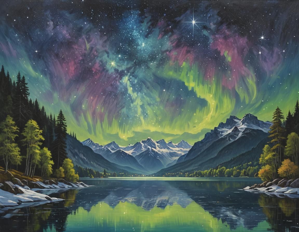 Swan Lake Landscape with Aurora in Oil Paint