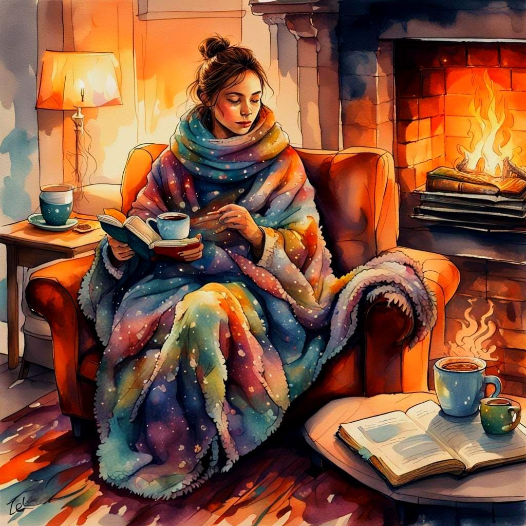 Cozy Lounge Scene with Woman and Dog in Watercolor