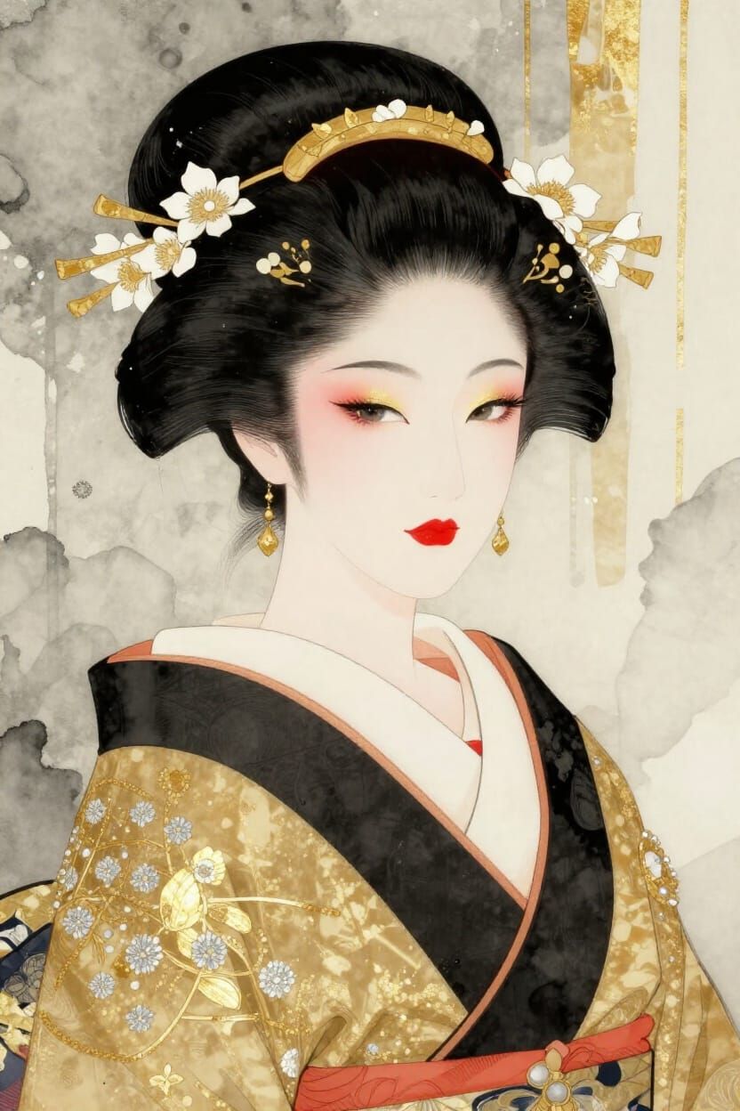 Elegant Geisha Portrait in Ukiyo-e Style