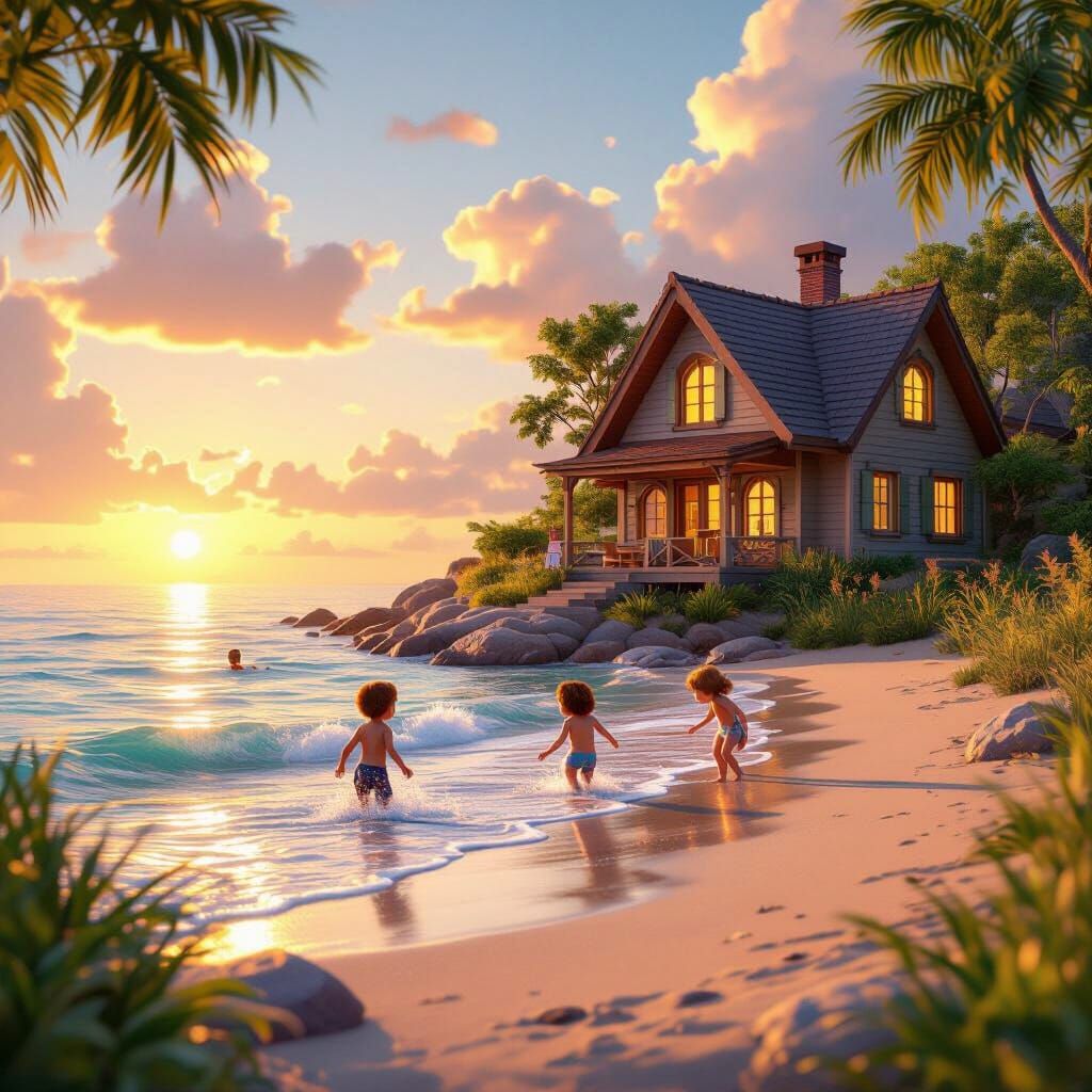 Pixar Style Summer House by Beach at Sunset