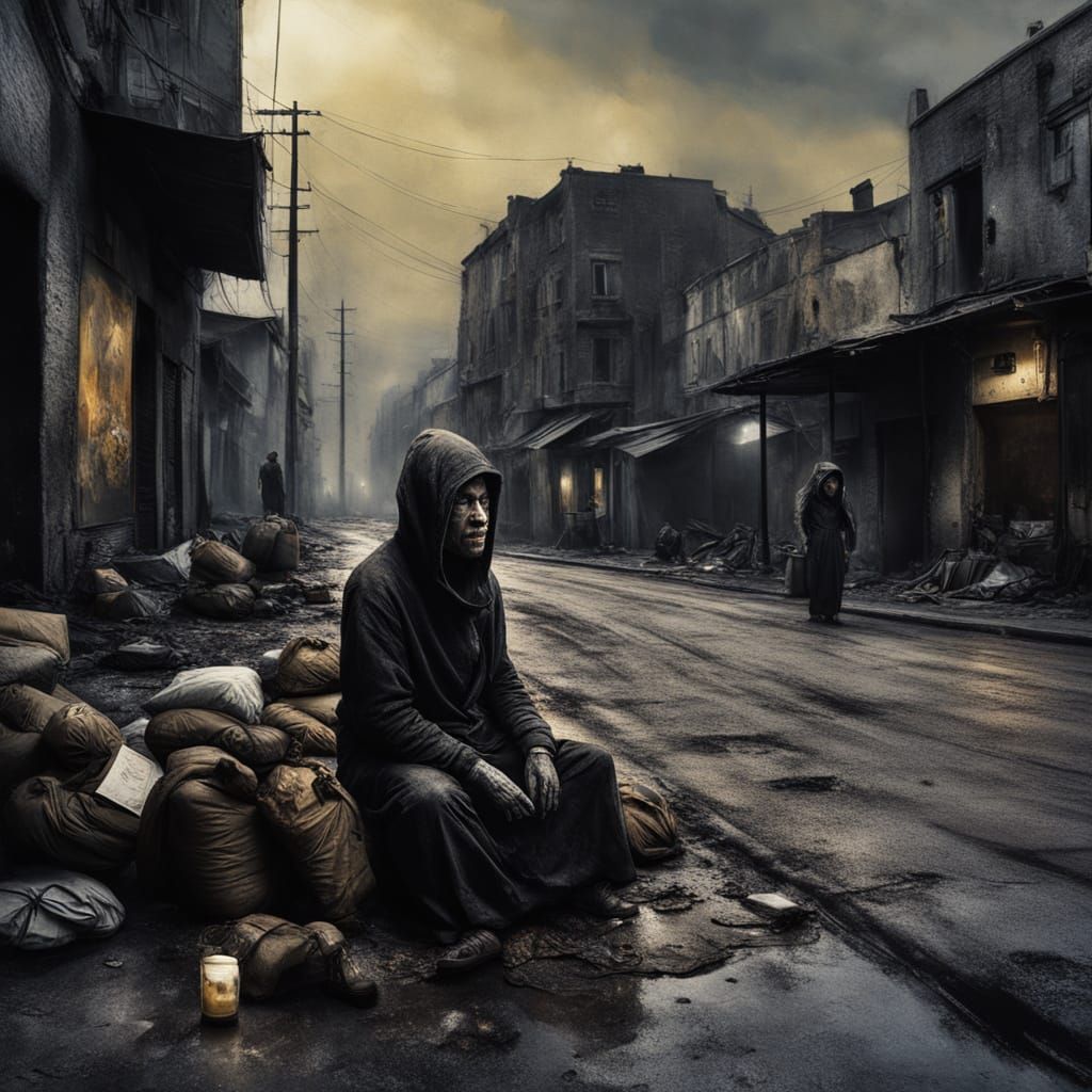 Surreal Oil Painting of Family Scavenging in Muted Tones