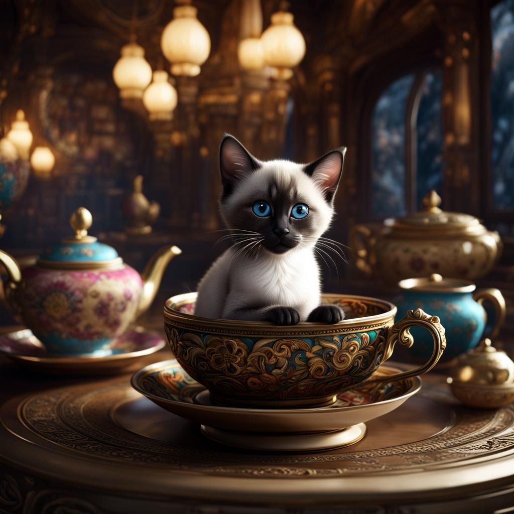 Siamese Kitten in Teacup: Detailed Digital Painting