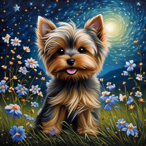 Yorkie Puppy with Wings Under Starry Sky