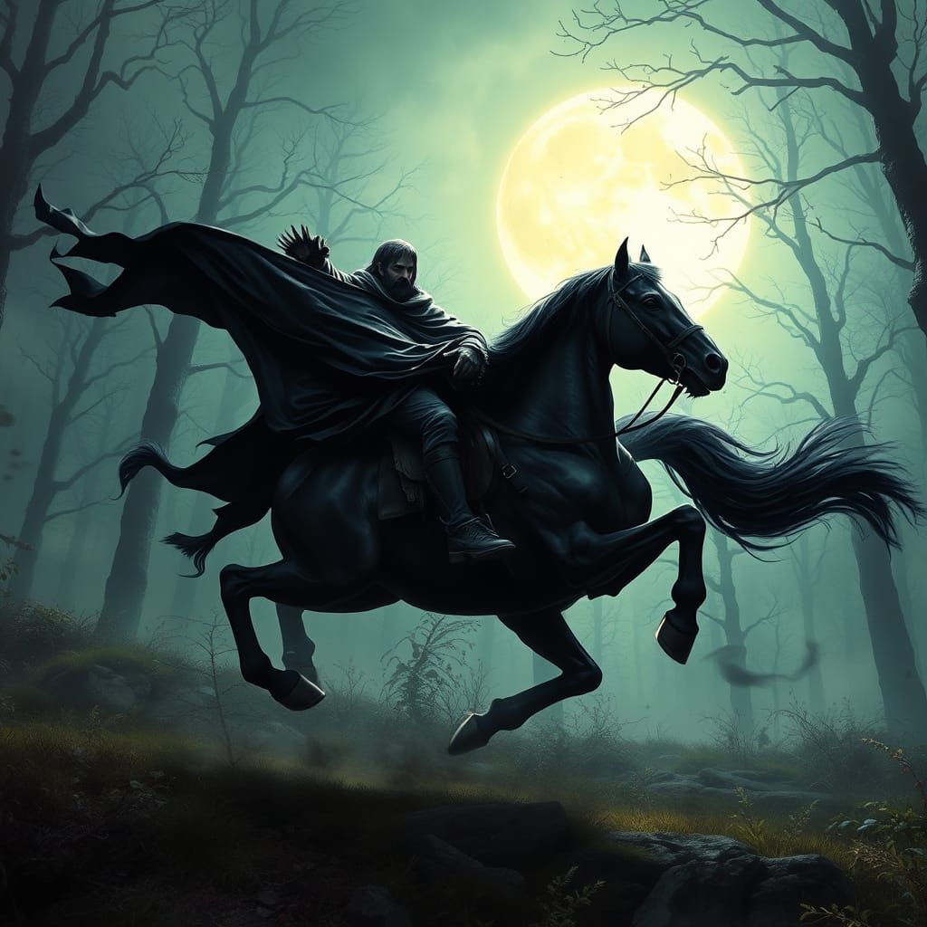 Headless Horseman Galloping Through Misty Forest