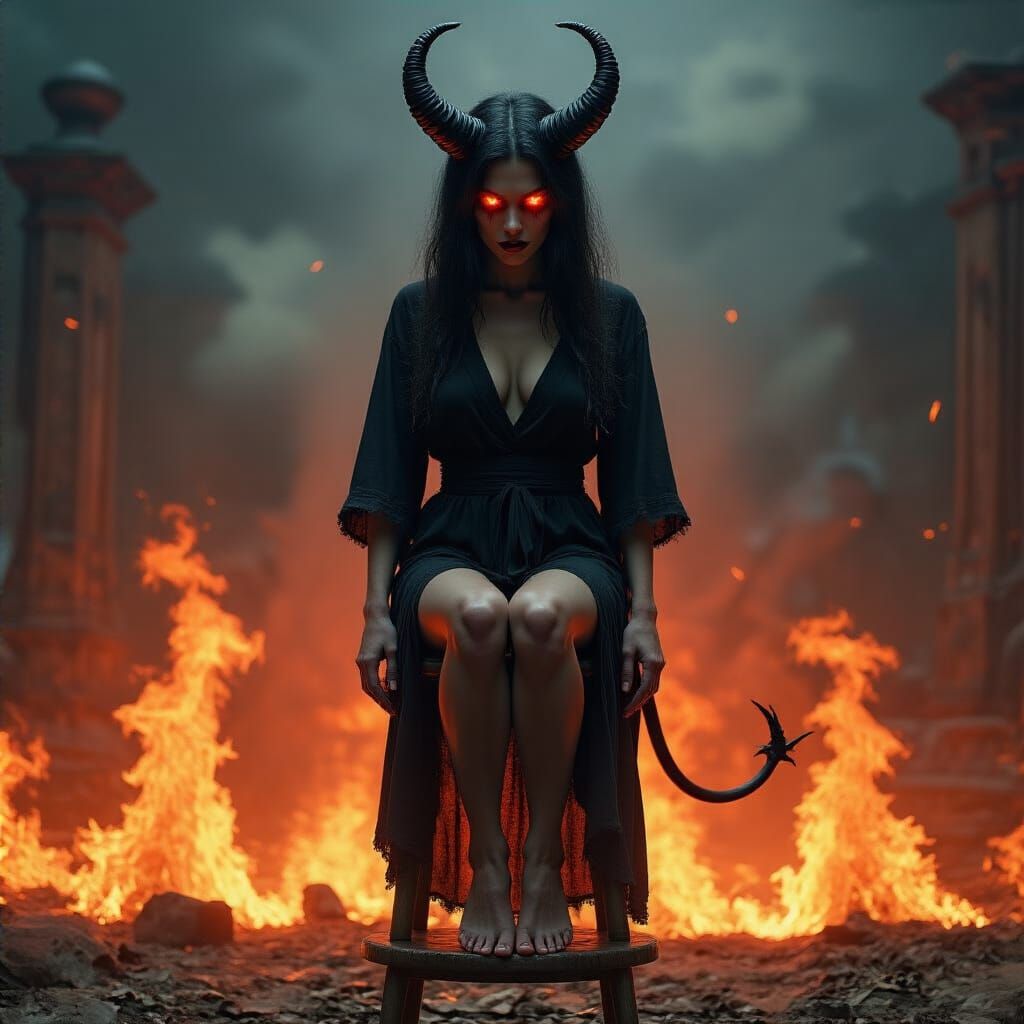 Fiery Female Demon in Gothic Landscape