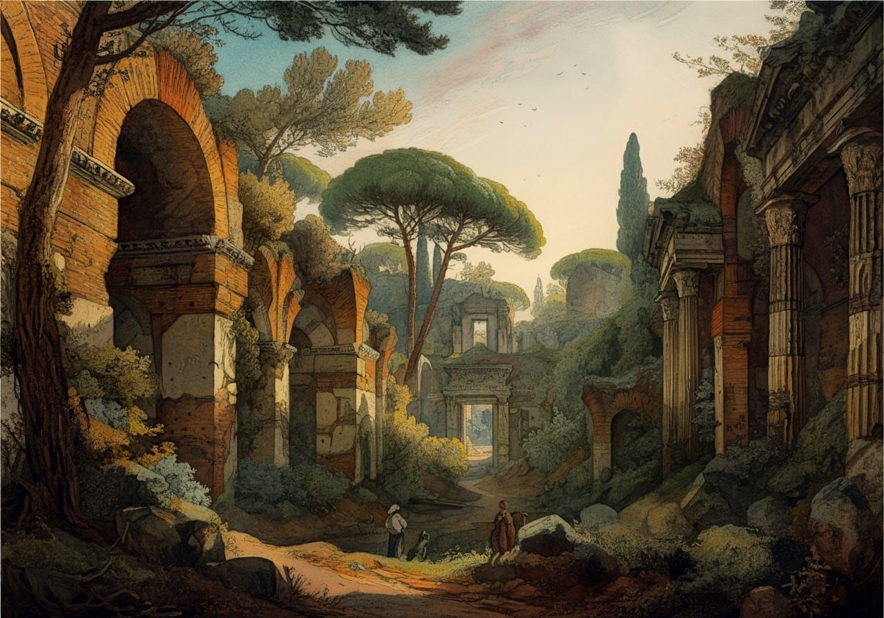 Romantic Ruins of a Forgotten Roman Town in a Sunset Forest