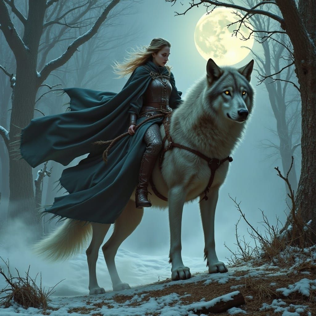 Majestic Woman Rides Gray Wolf Under Moonlit Forest Skies
