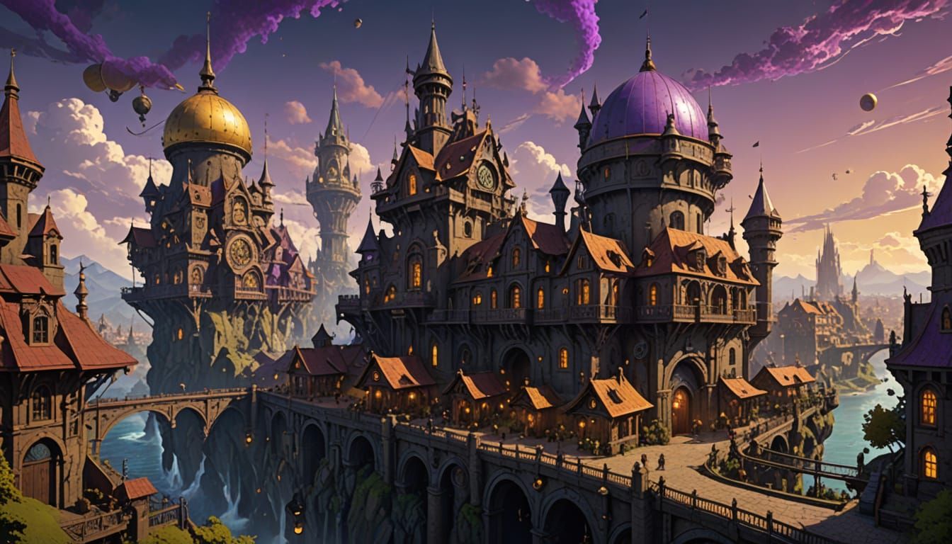 Steampunk Gnome Cityscape with Airship Port