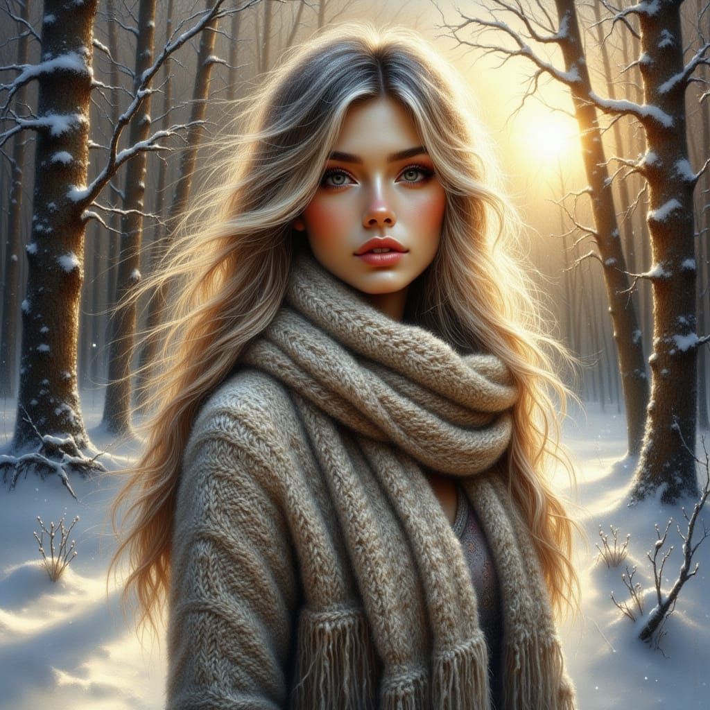 Enchanting Winter Forest Scene of Woman in Knitwear