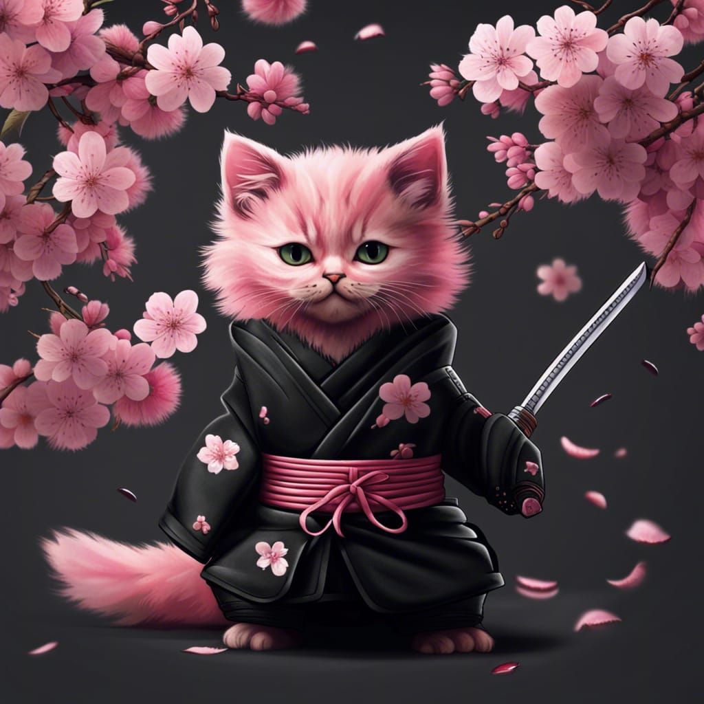 Pink Ninja Kitten with Cherry Blossoms