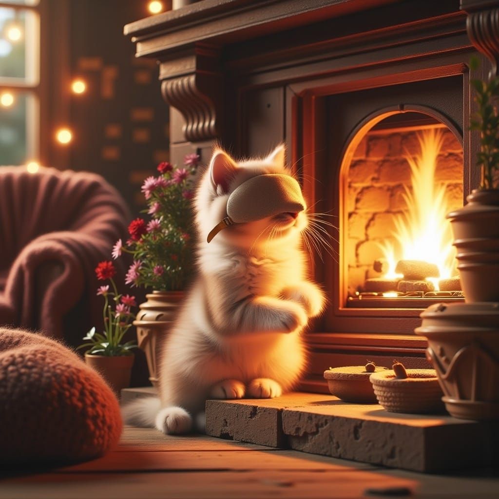 Cute Cat with Sleeping Mask by Fireplace
