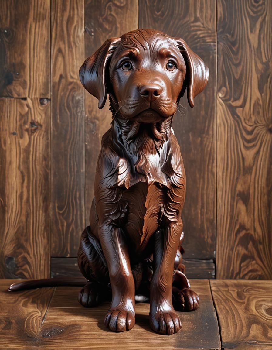 Vibrant Chocolate Labrador Puppy Sculpture on Wooden Table