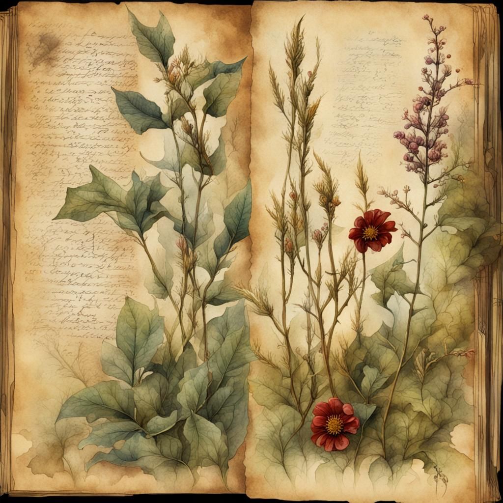 Medieval Botanical Herbarium Page in Watercolor Style