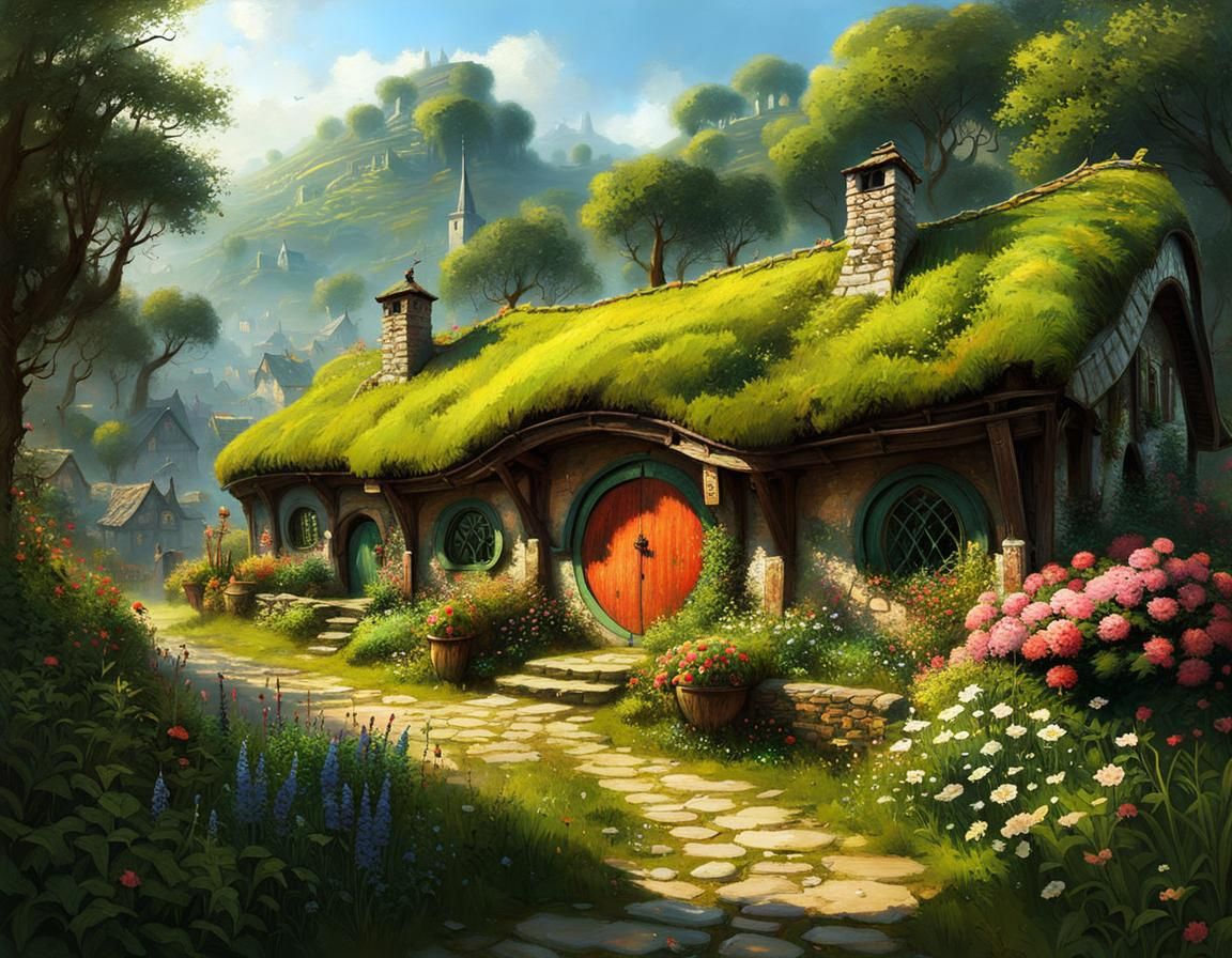 Idyllic Hobbit Village in Detailed Digital Painting