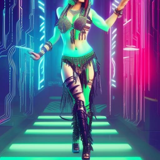 Neon Tribal Fusion Belly Dancer in Cyberpunk Style