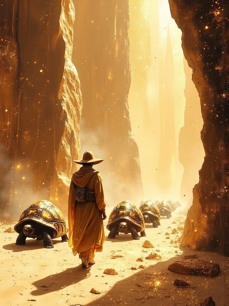 Tortoise Caravan in Golden Desert Landscape